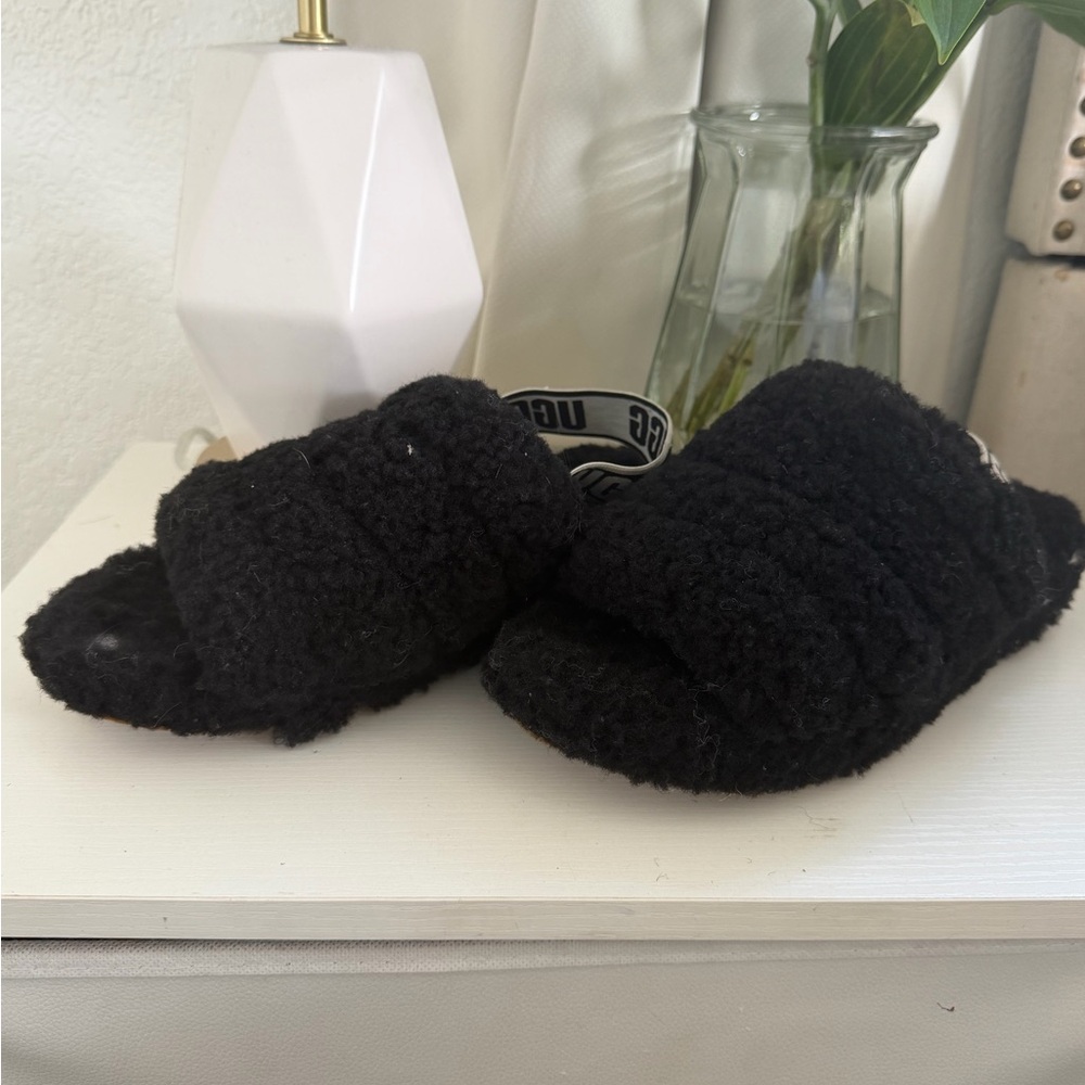 UGG Black Fuzzy Shearling Slide with Branded Strap